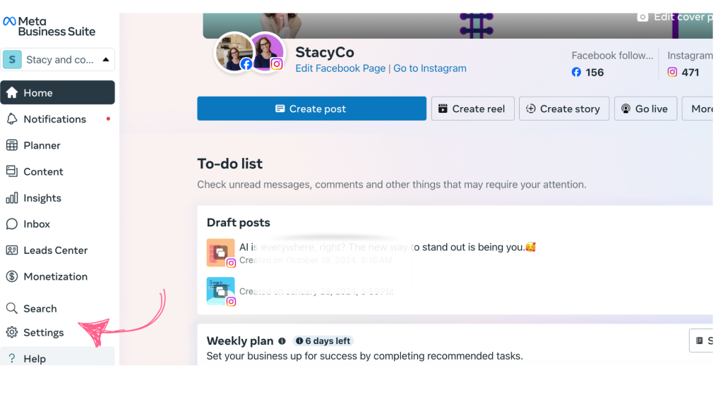 Meta Business Suite Screenshot of StacyCo account. Menu options with Settings being pointed out. Settings is step one to create an ad account. 